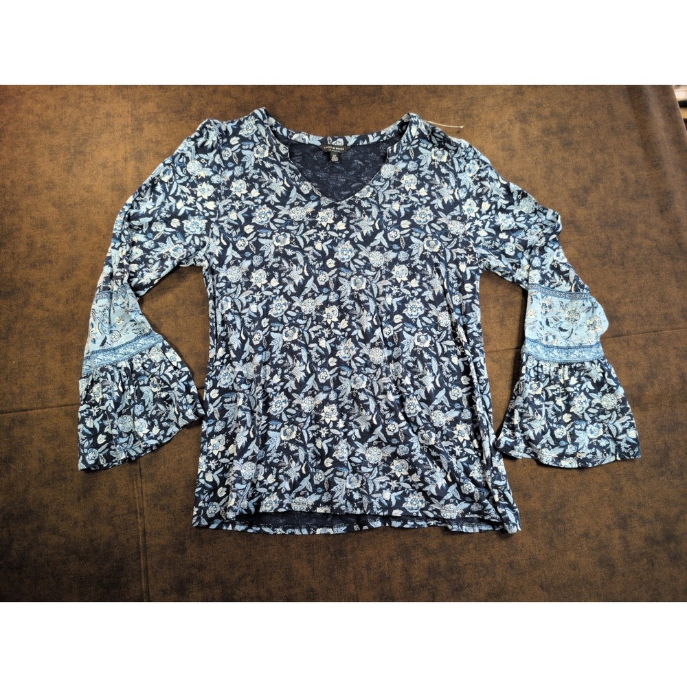 Lucky Brand Blue Floral V-Neck Bell Sleeve Boho Knit Top Small‎
